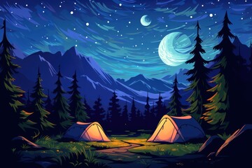 Adventure camping scene with tents under a starry night sky.