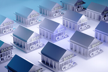 Banks issuing CBDC. Blockchain integration into economy. Bank building with CBDC logo. Electronic...