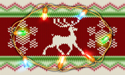 Merry Christmas background. Christmas garland on a christmas sweater background.Winter pattern with deers and snowflakes 