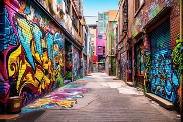 Urban graffiti alley with colorful murals, street art, and spray cans.