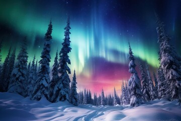 Winter wonderland scene with snow-covered pine trees and auroras.