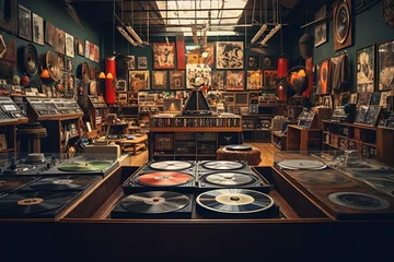 Papier Peint photo Lavable Magasin de musique Nostalgic vinyl record shop with vintage albums, turntables, and headphones.