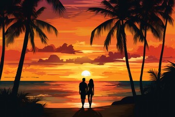 Romantic beach sunset with couple silhouette and tropical palm trees. - obrazy, fototapety, plakaty