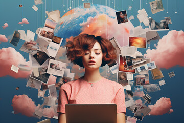 collage illustration of a woman overwhelmed by virtual connections and or over working online