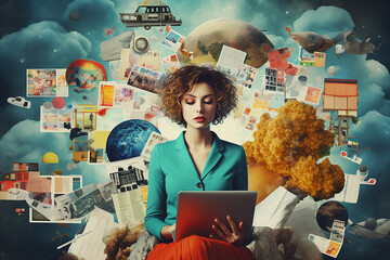 collage illustration of a woman overwhelmed by virtual connections and or over working online