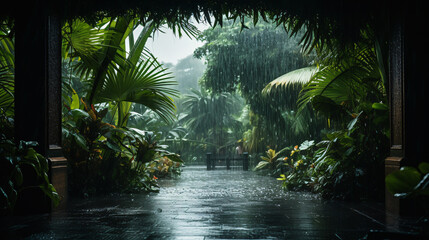 During monsoon season, tropical rain drenches abundant gardens with palm trees. - obrazy, fototapety, plakaty