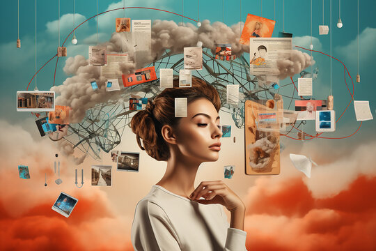 collage portrait of a woman overwhelmed by virtual connections and or overthinking, mental health concept theme
