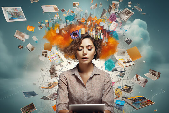 Collage Illustration Of A Woman Overwhelmed By Virtual Connections And Or Over Working Online