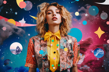 surreal portraiT collage of a caucasian blonde woman overwhelmed by thoughts/ work, bright colorful messy background