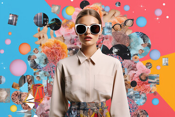 pop collage portrait of a woman girl posing on camera, fashion style elegant dressed, vibrant colorful surreal background