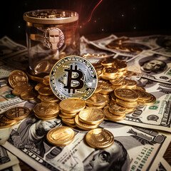 bitcoin symbols with money photo. Generative AI.