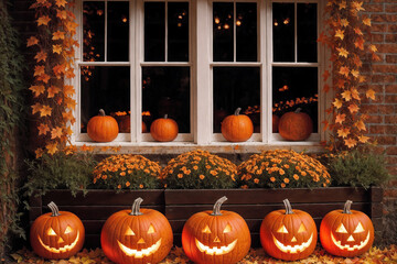 Obraz premium exterior of the old wooden house is decorated with harvest of pumpkins and leaves for halloween holiday, window and wall, autumn nature as background