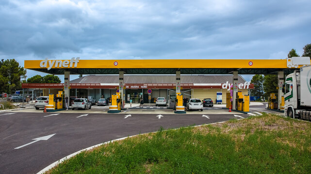Arzens, France - July 31, 2023: Dyneff fueling station at the service area of Carcassonne Arzens along A61 in Southern France