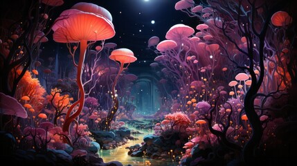 Obraz na płótnie Canvas A mesmerizing digital forest teeming with vibrant pink mushrooms, where an otherworldly reef of coelenterates and invertebrates coexist in a dreamy aquarium filled with ethereal jellyfish