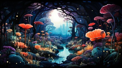 An enchanting underwater world filled with vibrant flowers and lively fish, where a serene river flows through a lush forest