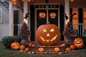exterior of the old wooden house is decorated with harvest of pumpkins and leaves for halloween holiday, door and window, autumn nature as background