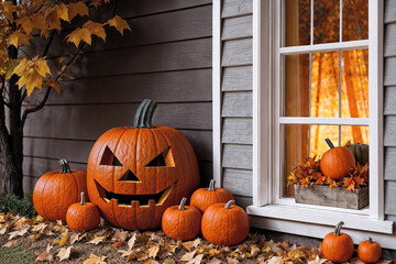 Obraz premium exterior of the old wooden house is decorated with harvest of pumpkins and leaves for halloween holiday, old window and wall, autumn nature as background