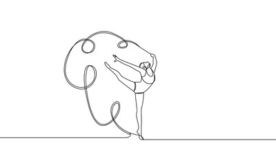 Continuous drawing of lines. Girl gymnast with ribbon. Rhythmic Gymnastics. Physical sports exercises. Vector linear illustration, outline