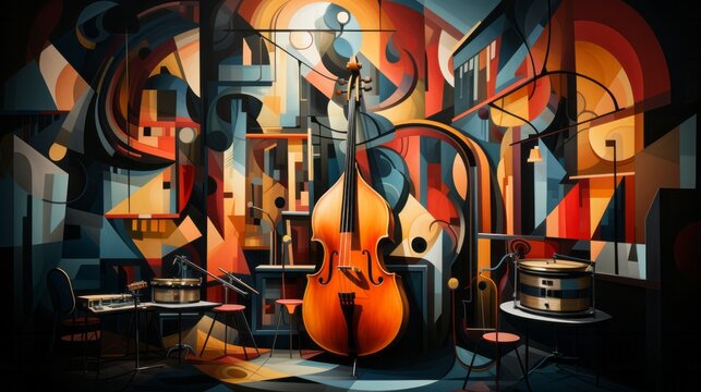 The melodic harmony of strings fills the vibrant room, as the grand cello stands alongside a colorful wall adorned with musical art, while a guitar, mandolin, and viol rest in the background