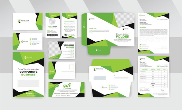 Black and green Business Stationery set template for company identity, business card, id card, envelope, letterhead, invoice, presentation folder