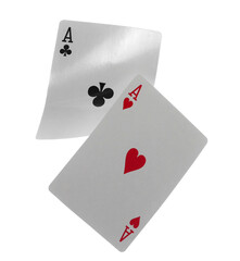 Flying playing cards for poker and gambling, two aces isolated on white, clipping path