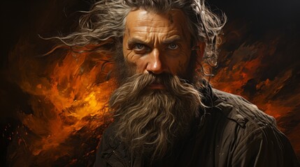 A captivating portrait of a rugged man with flowing locks and a bushy beard, exuding a wild and untamed energy
