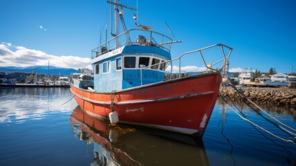 Red fishing boat docked in a port