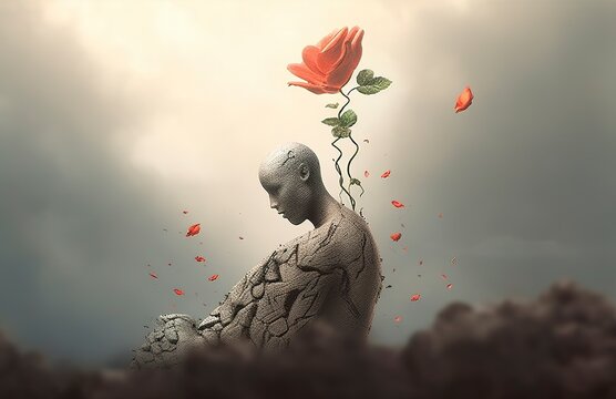  Life and freedom and hope concept , Imagination of surreal scene flower with broken human sculpture, digital artwork illustration.