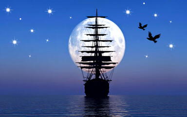 Illustration of night seascape with ship, moon , sea , birds, stars and sky.