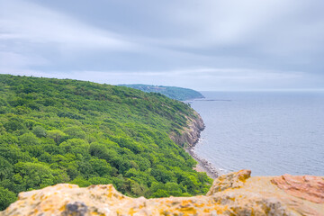 Fototapeta na wymiar the coastline view from the ruin of the ancient castle Hammershus in the north of Bornholm, Denmark