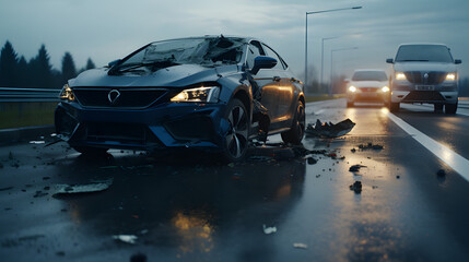 Escena de accidente de un coche en una autopista