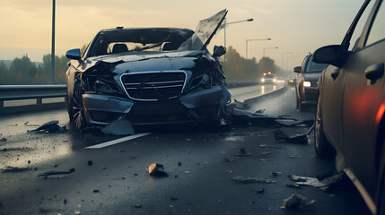 Escena de accidente de un coche en una autopista - obrazy, fototapety, plakaty