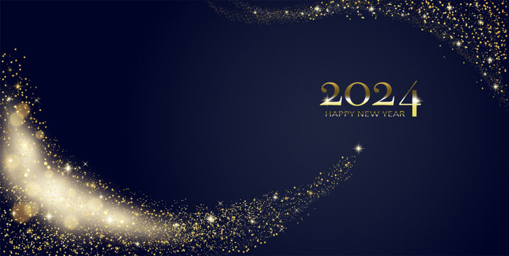 Happy New year 2024 greeting card with golden text and shiny stardust