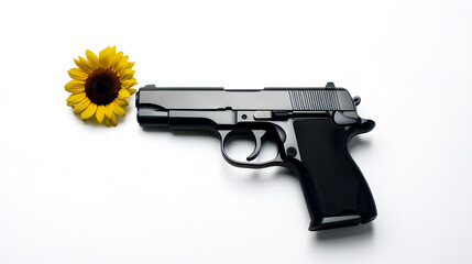 The barrel of a 9mm pistol locked by a yellow flower