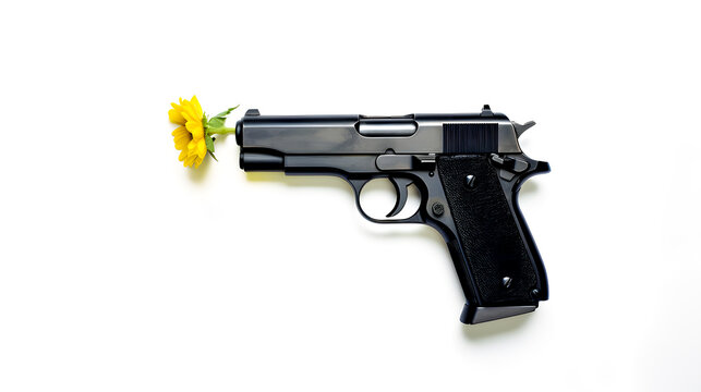 A gun shooting a yellow daisy on a white background