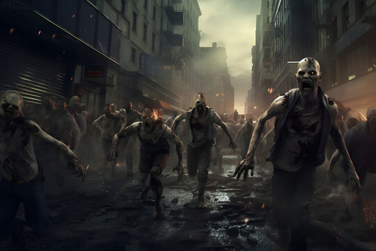 Group of zombies running on city street at evening. Neural network generated image. Not based on any actual person or scene.