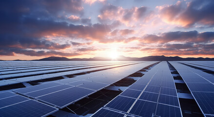 Solar energy panels in solar power station with beautiful sky at sunset