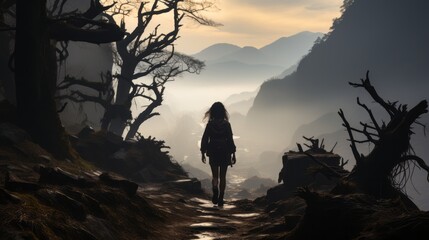 A lone adventurer braves misty woods, her silhouette a striking contrast against the cloudy sky as she hikes towards the majestic mountains in the distance, surrounded by the untamed beauty of nature