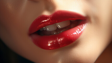 beautiful plump  red female lips close-up with a slightly open mouth that adds even more seduction