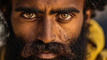 Close-up of a wrinkled Indian man with a beard