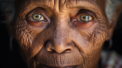 Close-up close-up African woman with very wrinkled skin