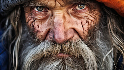 Close-up close-up of old man with wrinkles and scarred face