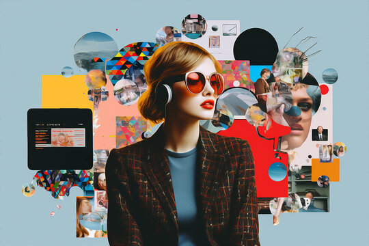 collage portrait of a woman overwhelmed by virtual connections and or overthinking, mental health concept theme - Powered by Adobe