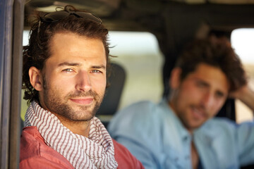 Car road trip, travel portrait and man on journey, adventure or motor transportation for friendship vacation, tour or getaway. Moving automobile, relax passenger face and person driving in SUV van