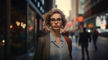 Fototapeta premium beautiful stylish blonde in glasses in a shirt and jacket on a crowded street of a modern city