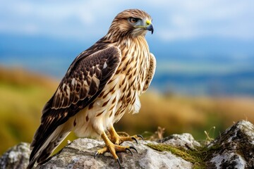 Hawk sitting on rock looking for prey.