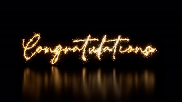 Congratulations Caption written in Sparkler Firework Text. Animated Gold and Black Celebration Banner. Seamless Loop.