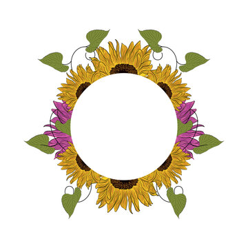 Colored sunflower frame Flower border Vector illustration