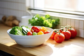 Kitchen still life with white bowl of washed vegetables on wooden desk. - obrazy, fototapety, plakaty