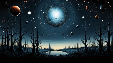 Under the celestial sky, a moonlit forest emerges with towering trees and glowing planets, as a brilliant comet streaks through the star-studded night